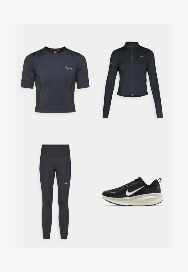 Svart langermet treningsjakke med glidelås foran og hvit Nike swoosh-logo på venstre bryst, designet for en slank passform.; Kortermet sykkeltrøye i mørk marineblå med en myk tekstur, med kontrasterende sidestykker og en subtil logo på brystet.; Sorte leggings laget av elastisk stoff, med høy livlinje og en hvit Nike-logo på venstre lår. Glatt tekstur, kroppsnær passform.; Svart Nike løpesko med pustende mesh-overdel, hvit swoosh-logo, teksturert detaljer og en kremfarget ZoomX mellomsåle.