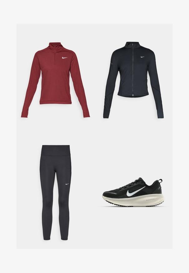 Jaqueta atlética preta de mangas longas com fecho na frente e logótipo do swoosh da Nike branco no peito esquerdo, projetada para um ajuste slim.; Camisola atlética de manga longa burgundy com gola de meio zíper e logótipo branco da Nike no peito. Feita de um material suave e elástico.; Leggings pretos feitos de tecido elástico, com uma cintura alta e um logo branco da Nike na coxa esquerda. Textura suave, design ajustado ao corpo.; Sapatilha de corrida Nike preta com parte superior de malha respirável, logotipo Swoosh branco, detalhes texturizados e uma entressola ZoomX na cor creme.