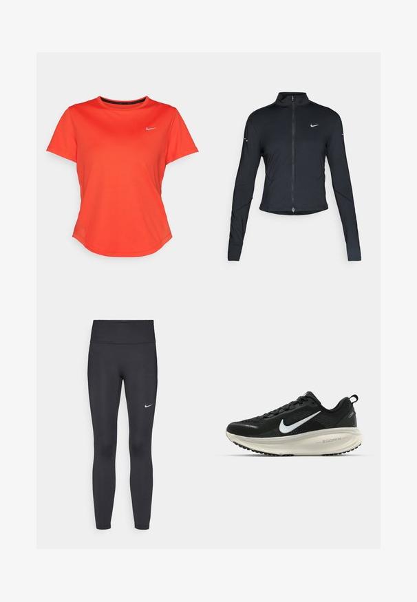 Jaqueta atlética preta de mangas longas com fecho na frente e logótipo do swoosh da Nike branco no peito esquerdo, projetada para um ajuste slim.; T-shirt atlético de mangas curtas em tecido laranja brilhante com decote redondo, apresentando um pequeno logótipo prateado no peito e bordas sem costura.; Leggings pretos feitos de tecido elástico, com uma cintura alta e um logo branco da Nike na coxa esquerda. Textura suave, design ajustado ao corpo.; Sapatilha de corrida Nike preta com parte superior de malha respirável, logotipo Swoosh branco, detalhes texturizados e uma entressola ZoomX na cor creme.
