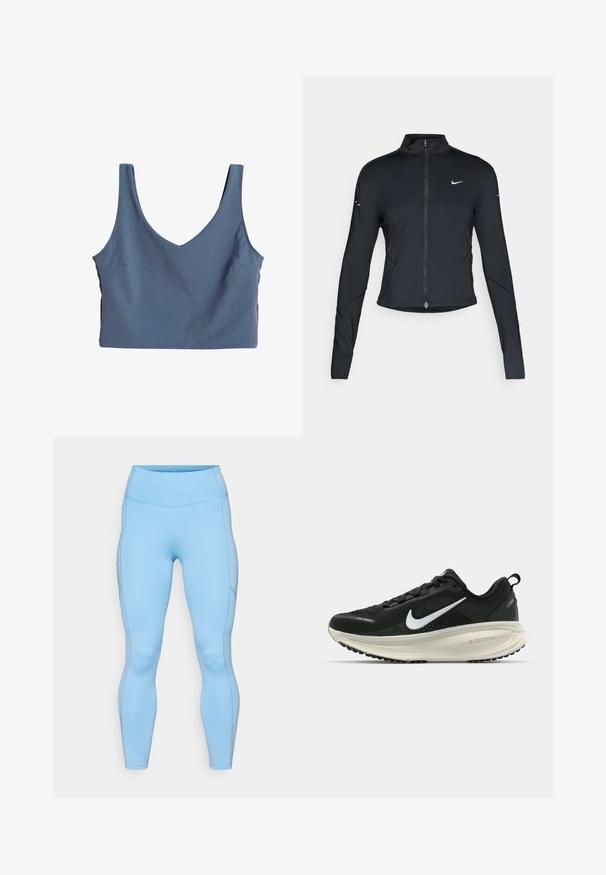 Zwarte lange mouwen sportjack met rits aan de voorkant en wit Nike swoosh-logo op de linkerborst, ontworpen voor een slank figuur.; Blauwe gecropte tanktop met een V-halsontwerp, gemaakt van een gladde stof. Heeft brede schouderbanden en een enkele zakdetails aan de zijkant.; Lichtblauwe leggings van rekbaar materiaal. Beschikt over een hoge tailleband, een soepele textuur en gebogen naden langs de benen.; Zwarte Nike hardloopschoen met ademend mesh bovenwerk, witte swoosh-logo, gestructureerde details en een crèmekleurige ZoomX middenzool.