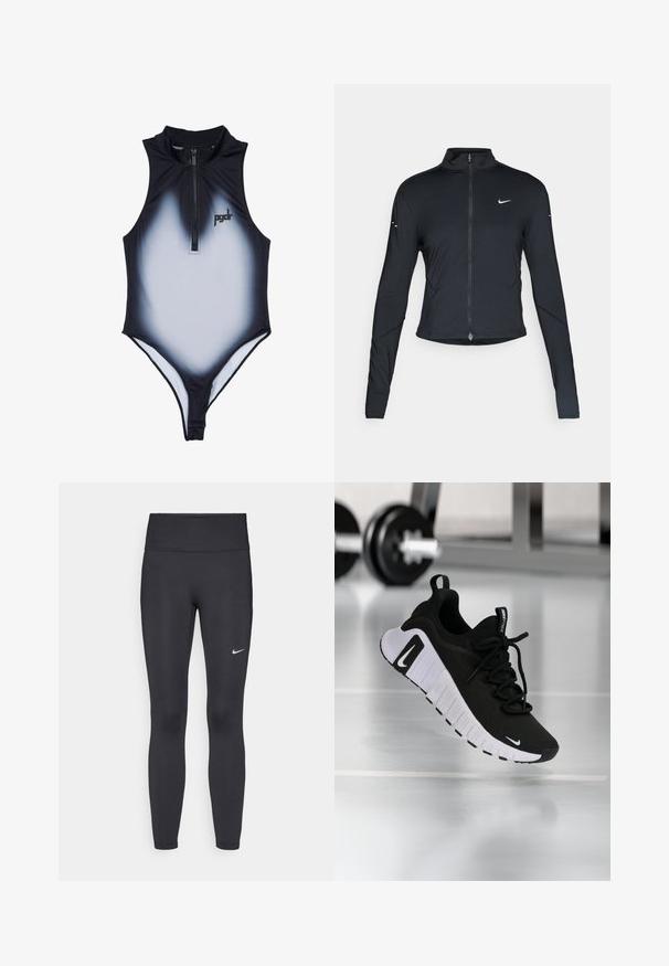 Čierna športová bunda s dlhým rukávom, s predným zipsom a bielym logom Nike swoosh na ľavom prsníku, navrhnutá na tesný strih.; Čierno-biely gradientový plavky s vysokým golierom a predným zipsom. Obsahuje logo na hrudi a priliehavý strih pre aerodynamický tvar.; Čierne legíny z elastického materiálu, s vysokým pásom a bielym logom Nike na ľavom stehne. Hladká textúra, priliehavý dizajn.; Čierna športová obuv s textúrovaným horným materiálom, bielou podrážkou a výrazným systémom šnurovania. Obsahuje logo Nike a má mäkký, tlmený dizajn.
