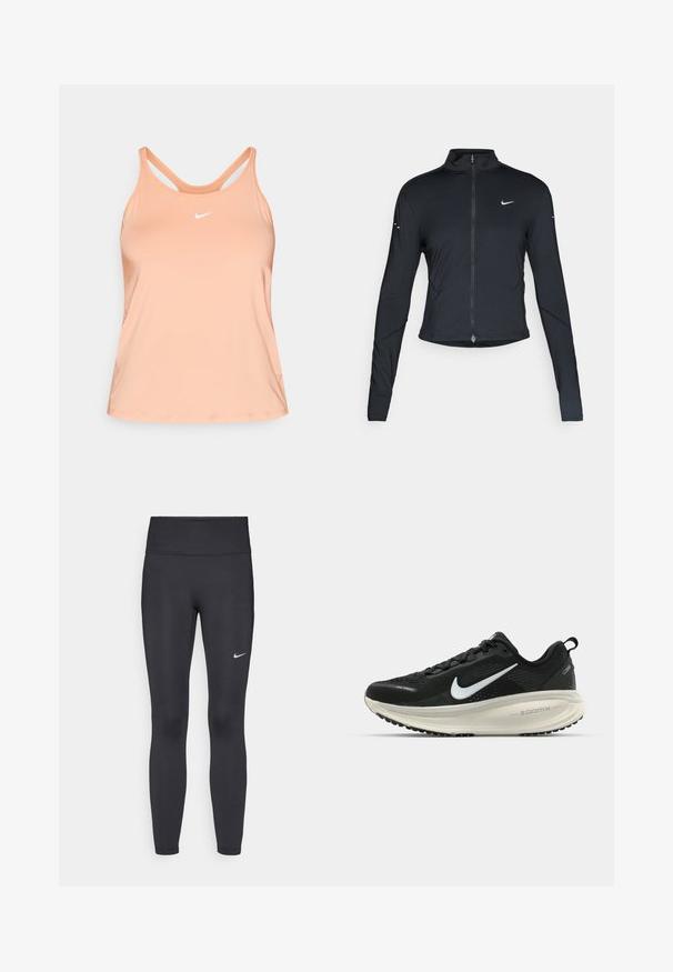Čierna športová bunda s dlhým rukávom, s predným zipsom a bielym logom Nike swoosh na ľavom prsníku, navrhnutá na tesný strih.; Nike športový top v broskyňovej farbe, vyrobený z hladkého materiálu. Má okrúhly výstrih, široké ramienka a malé biele logo.; Čierne legíny z elastického materiálu, s vysokým pásom a bielym logom Nike na ľavom stehne. Hladká textúra, priliehavý dizajn.; Čierne bežecké topánky Nike s priedušnou sieťovinou, bielym logom s symbolom swoosh, textúrovanými detailmi a krémovou ZoomX medzipodrážkou.