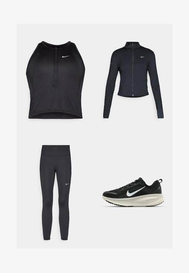 Zwarte lange mouwen sportjack met rits aan de voorkant en wit Nike swoosh-logo op de linkerborst, ontworpen voor een slank figuur.; Zwarte atletische crop top met een rits aan de voorkant, mesh accenten en een aansluitend ontwerp. Gemaakt van rekbare, ademende stof. Nike-logo aan de voorkant.; Zwarte legging van rekbare stof met een hoge tailleband en een wit Nike-logo op de linkerdij. Gladde textuur, aansluitend ontwerp.; Zwarte Nike hardloopschoen met ademend mesh bovenwerk, witte swoosh-logo, gestructureerde details en een crèmekleurige ZoomX middenzool.