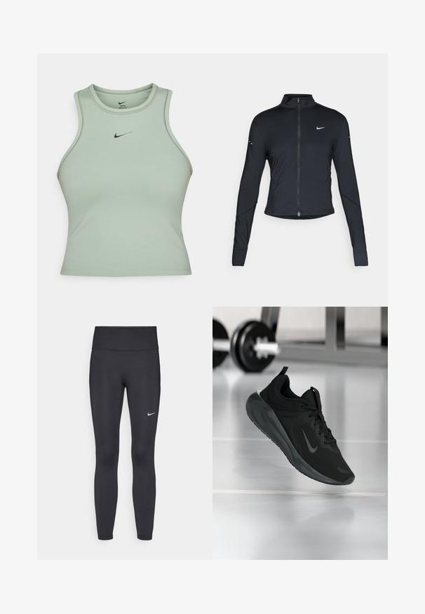 Must have pika, pikkade varrukatega sportlik jakk, ees lukuga ja valge Nike swooshi logo vasakul rinnal, mõeldud kitsaks sobivuseks.; Kerge roheline ilma varrukat sportlik tank top, mis on valmistatud siledast kangast. Esipoolt kaunistab väike must Nike logo ning peened õmblused.; Mustad mustadest leggingid, mis on valmistatud venivast kangast, kõrge vöökoha ja valge Nike logo abil vasakul reiel. Sile tekstuur, keha järgiv disain.; Mustad mustang spordijalatsid Nike logo'ga, õhus spordisaali põrandal, häguste hantlite riiulitega taustal.
