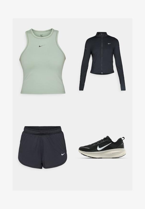 Zwarte lange mouwen sportjack met rits aan de voorkant en wit Nike swoosh-logo op de linkerborst, ontworpen voor een slank figuur.; Lichtgroene mouwloze sporttanktop van gladde stof. Heeft een klein zwart Nike-logo aan de voorkant en subtiele stiksels.; Zwarte sportieve shorts met een elastische tailleband, een sportief ontwerp en een wit Nike-logo aan de voorkant onderaan. Getextureerde stof.; Zwarte Nike hardloopschoen met ademend mesh bovenwerk, witte swoosh-logo, gestructureerde details en een crèmekleurige ZoomX middenzool.