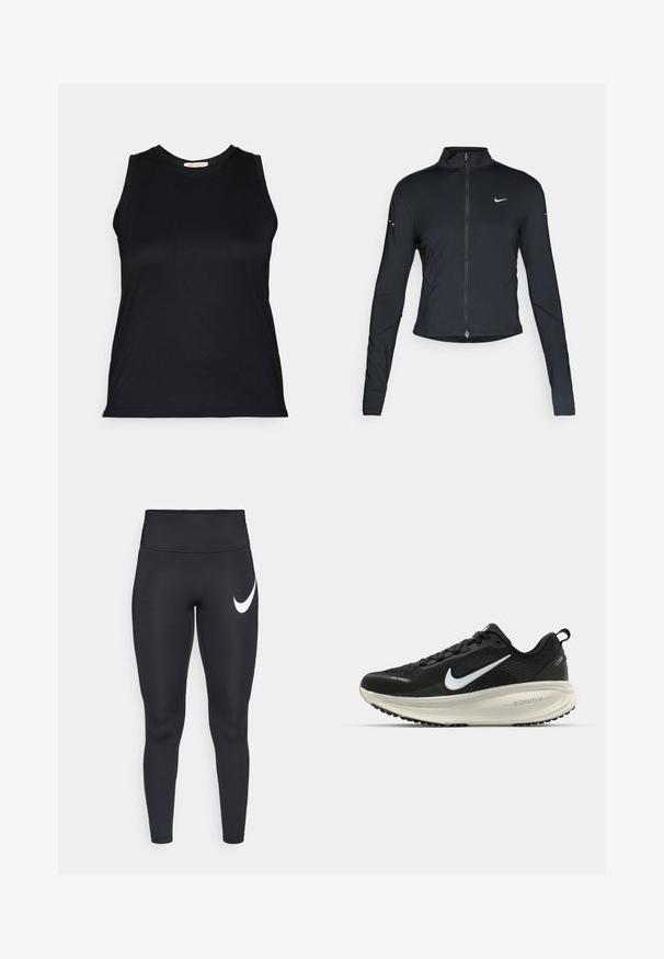 Black long-sleeve athletic jacket with front zipper and white Nike swoosh logo on left chest, designed for a slim fit.; Black sleeveless top in a smooth, stretchy fabric with a crew neckline and a fitted design, featuring clean lines and no visible hardware.; Black high-waisted athletic leggings with a white Nike swoosh logo on the upper left thigh against a white background.; Black Nike running shoe with breathable mesh upper, white swoosh logo, textured detailing, and a cream-colored ZoomX midsole.