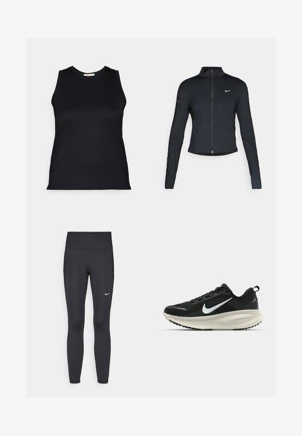 Juoda ilgomis rankovėmis sportinė striukė su priekiniais užtrauktukais ir baltu "Nike" swoosh logotipu kairėje krūtinės pusėje, sukurta siauram pritaikymui.; Juodas berankovis marškinėlis, pagamintas iš lygaus, tamprus audinys, su apvalia iškirpte ir prigludusia forma, išsiskiriantis švariais linijomis ir be matomų tvirtinimų.; Juodi leggingai iš elastingos medžiagos, turintys aukštą juosmenį ir baltą Nike logotipą kairėje šlaunyje. Lygus paviršius, prigludusi dizainas.; Juodas Nike sportinis batelis su kvėpuojančiu tinklu, baltu swoosh logotipu, tekstūruoto dizaino detalėmis ir grietinėlės spalvos ZoomX viduriu.