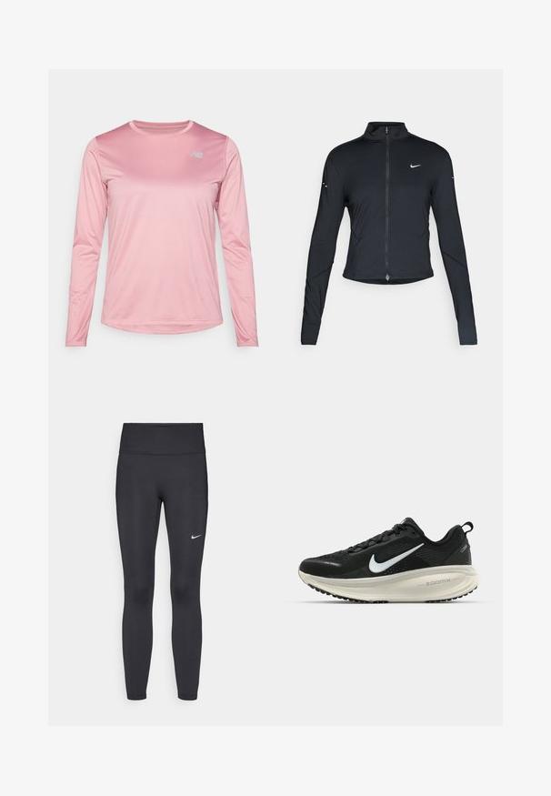 Svart langermet treningsjakke med glidelås foran og hvit Nike swoosh-logo på venstre bryst, designet for en slank passform.; New Balance SPORT ESSENTIALS LONG SLEEVE - Topper langermet - pink taffy; Sorte leggings laget av elastisk stoff, med høy livlinje og en hvit Nike-logo på venstre lår. Glatt tekstur, kroppsnær passform.; Svart Nike løpesko med pustende mesh-overdel, hvit swoosh-logo, teksturert detaljer og en kremfarget ZoomX mellomsåle.