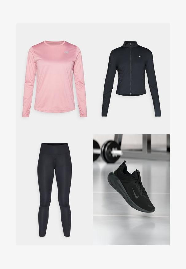 Juoda ilgomis rankovėmis sportinė striukė su priekiniais užtrauktukais ir baltu "Nike" swoosh logotipu kairėje krūtinės pusėje, sukurta siauram pritaikymui.; New Balance SPORT ESSENTIALS LONG SLEEVE - Ilgarankovis viršutinės dalies drabužis - pink taffy; Juodos leggingos, pagamintos iš lygios, tamprios medžiagos. Aukštas liemuo, be matomų raštų ar akcentų. Tvirtai priglunda prie kūno nuo liemens iki kulkšnies.; Juodas sportinis sportbačiai su Nike logotipu, pavaizduoti ore virš sporto salės grindų, fone išblurinta hantelių laikiklis.