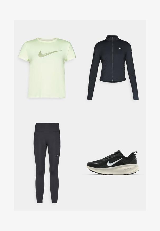 Musta pitkähihainen urheilu takki, jossa on edessä vetoketju ja valkoinen Nike-swoosh-logo vasemmassa rinnassa, suunniteltu slim fit -malliseksi.; Vihreä limen värinen Nike t-paita lyhyillä hihoilla, pyöreällä kaula-aukolla ja heijastavalla swoosh-logolla edessä. Suoraa, kevyttä kangasta.; Mustat leggingsit joustavasta kankaasta, joissa on korkea vyötärö ja valkoinen Nike-logo vasemmassa reidessä. Sileä pinta, muotoaan myötäilevä suunnittelu.; Mustat Nike-juoksukengät, joissa on hengittävä verkko-osa, valkoinen swoosh-logo, teksturoitu yksityiskohtaus ja kermaisen värinen ZoomX-välipohja.