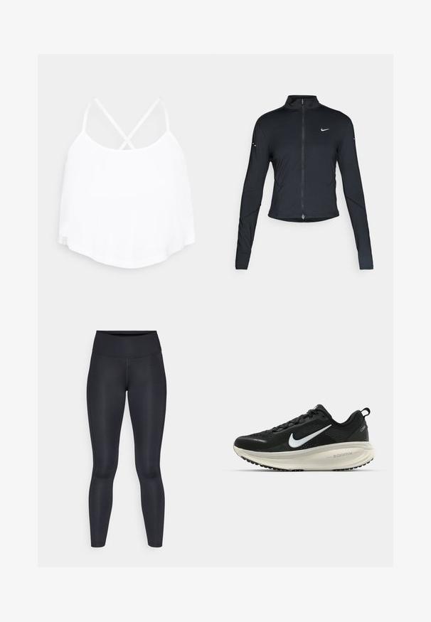 Jachetă sport neagră cu mâneci lungi, fermoar frontal și logo-ul alb al Nike pe pieptul stâng, concepută pentru o croială ajustată.; Top alb fără mâneci, cu bretele subțiri încrucișate, tiv rotund și textură de țesătură moale. Fără modele vizibile sau detalii metalice.; Leggings negre dintr-un material neted și elastic. Talie înaltă fără modele sau accente vizibile. Se potrivesc strâns de la talie până la glezne.; Pantofii de alergare negri de la Nike, cu parte superioară din plasă respirabilă, logo-ul alb Swoosh, detalii texturate și o talpă intermediară ZoomX de culoare crem.