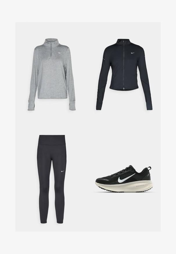 Chaqueta atlética negra de manga larga con cremallera frontal y logo de Nike en blanco en el pecho izquierdo, diseñada para un ajuste slim.; Nike Performance SWIFT - Camiseta de manga larga - smoke grey; Leggings negras de tela elástica, con una cintura alta y un logo blanco de Nike en el muslo izquierdo. Textura suave, diseño ajustado.; Zapatilla de running Nike negra con parte superior de malla transpirable, logo Swoosh blanco, detalles texturizados y una entresuela ZoomX de color crema.