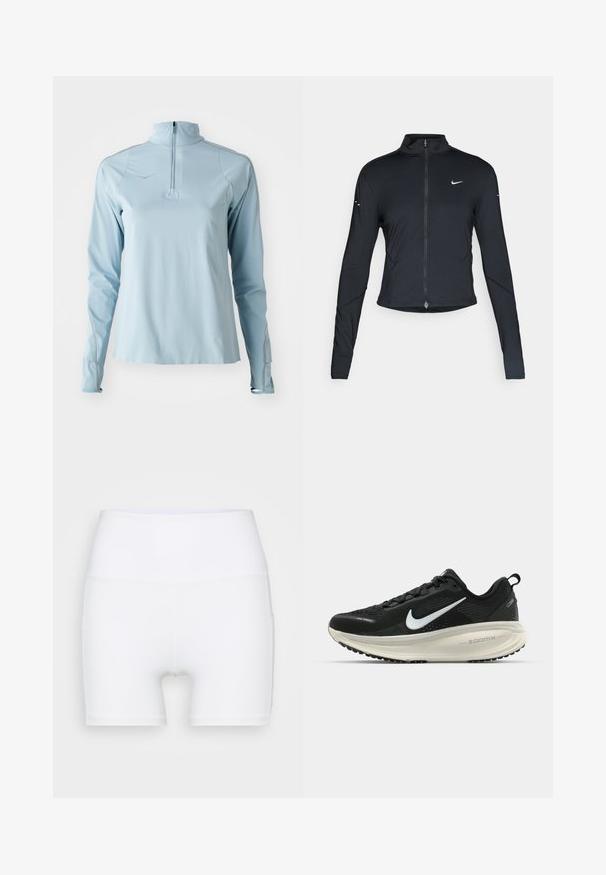 Svart langermet treningsjakke med glidelås foran og hvit Nike swoosh-logo på venstre bryst, designet for en slank passform.; Lys blå langermet treningstopp med halv-zip krage, jevn tekstur og kontrastfarget grå søm langs sømmene.; Hvite høyt midjeforfatne shorts laget av stretch-stoff. Har en jevn tekstur og en tettsittende design, uten ekstra mønstre eller utstyr.; Svart Nike løpesko med pustende mesh-overdel, hvit swoosh-logo, teksturert detaljer og en kremfarget ZoomX mellomsåle.