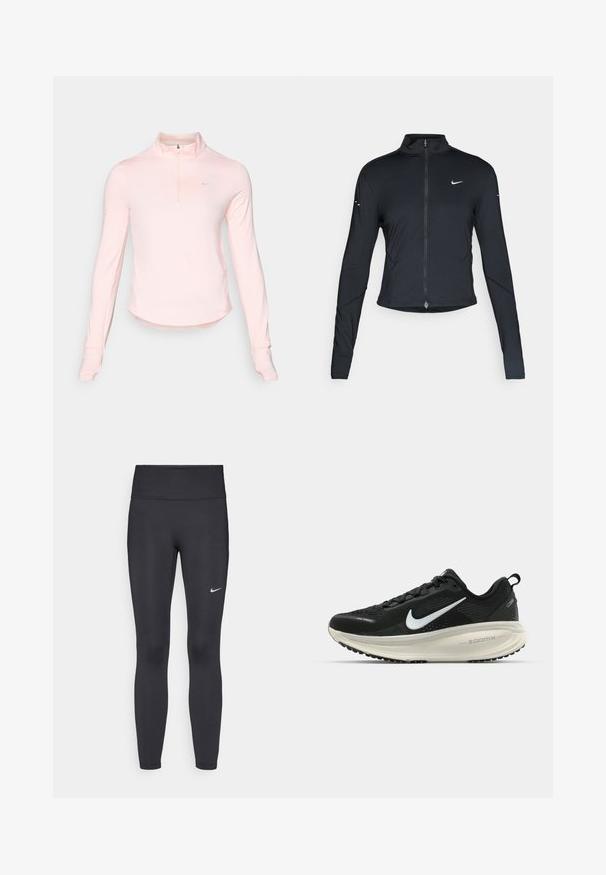Černá sportovní bunda s dlouhým rukávem, s předním zapínáním na zip a bílým logem Nike swoosh na levé části hrudníku, navržena pro slim fit.; Světle růžový dlouhý rukáv čtvrt zip top s vysokým límcem, vyrobený z měkké tkaniny, s malým logem na levé straně hrudi a otvory pro palce na manžetách.; Černé legíny vyrobené z elastického materiálu, s vysokým pasem a bílým logem Nike na levém stehně. Hladká textura, přiléhavý střih.; Černá běžecká obuv Nike s prodyšným síťovaným svrškem, bílým logem swoosh, texturovanými detaily a krémovou mezipodešví ZoomX.