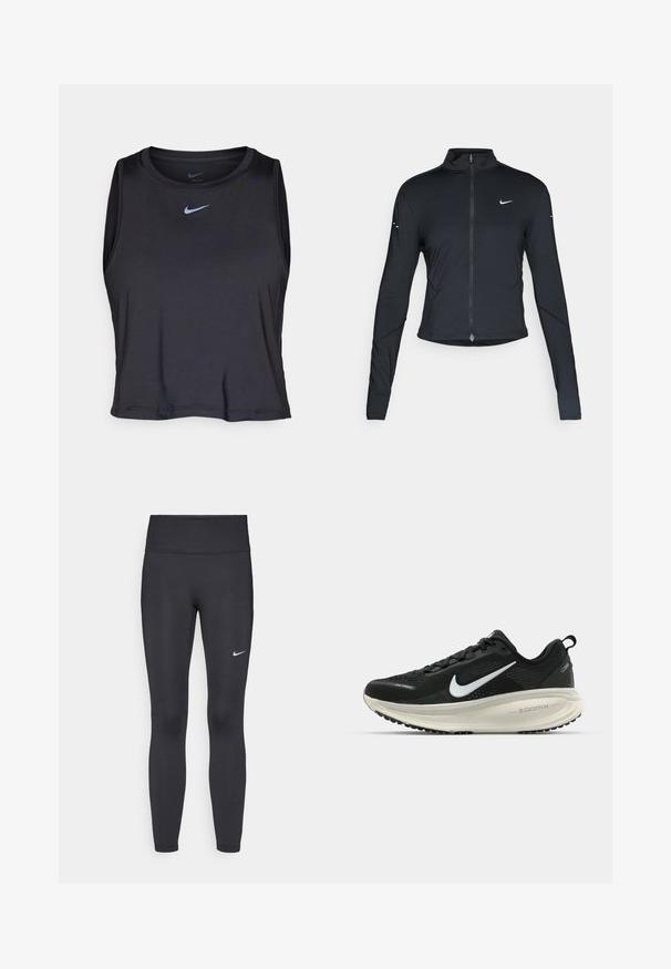 Black long-sleeve athletic jacket with front zipper and white Nike swoosh logo on left chest, designed for a slim fit.; Black sleeveless athletic crop top made of smooth fabric, featuring a round neckline and a light blue Nike logo on the chest.; Black leggings made of stretchy fabric, featuring a high waistband and a white Nike logo on the left thigh. Smooth texture, form-fitting design.; Black Nike running shoe with breathable mesh upper, white swoosh logo, textured detailing, and a cream-colored ZoomX midsole.