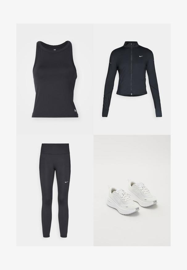 Crna dugoslejeva sportska jakna s prednjim patentnim zatvaračem i bijelim Nike swoosh logom na lijevoj strani prsnog dijela, dizajnirana za uski fit.; Crna, bezrukavna atletska majica s okruglim izrezom, napravljena od glatkog, rastezljivog materijala. Ima mali logo u donjem desnom kutu.; Crne tajice izrađene od rastezljivog materijala, s visokim strukom i bijelim Nike logotipom na lijevom bedru. Glatka tekstura, dizajn koji prati obline.; Bijele sportske tenisice s teksturiranim mrežastim gornjim dijelom, podstavljenom potplatom i suptilnim sivim naglascima. Uključuju brendiranje i petlju na peti za lakše obuvanje.