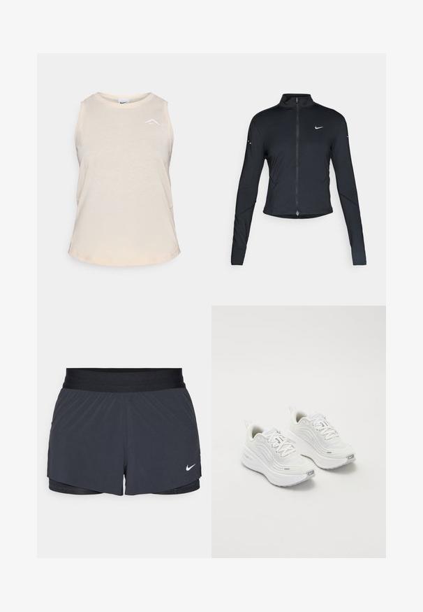 Black long-sleeve athletic jacket with front zipper and white Nike swoosh logo on left chest, designed for a slim fit.; Soft beige sleeveless top in lightweight fabric. Features a round neckline and a small white logo on the upper left. Plain texture.; Black athletic shorts with an elastic waistband, featuring a layered design and a small white Nike logo on the lower left. Lightweight material.; White athletic shoes with a textured mesh upper, cushioned sole, and subtle grey accents. Includes branding and looped heel tab for easy wear.