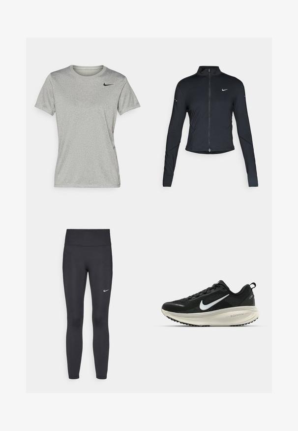 Svart langermet treningsjakke med glidelås foran og hvit Nike swoosh-logo på venstre bryst, designet for en slank passform.; Grå kortermet treningsskjorte med rund hals og svart Nike-logo på øvre venstre bryst. Laget av et glatt, lett materiale.; Sorte leggings laget av elastisk stoff, med høy livlinje og en hvit Nike-logo på venstre lår. Glatt tekstur, kroppsnær passform.; Svart Nike løpesko med pustende mesh-overdel, hvit swoosh-logo, teksturert detaljer og en kremfarget ZoomX mellomsåle.