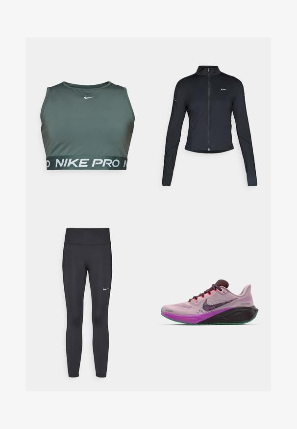 Črna dolgoprogaška jakna s dolgimi rokavi, z zadrgo spredaj in belim logotipom Nike na levem prsnem delu, zasnovana za ohlapno prileganje.; Zelen modni športni nedrček iz gladkega materiala, s krožnim izrezom in širokim elastičnim pasom z belim napisom "NIKE PRO".; Črne legice iz elastične tkanine, z visokim pasom in belim Nike logo na levem stegnu. Gladka tekstura, oblikovno prilegajoč dizajn.; Nike teka na tekma v rožnati mreži s vijoličnimi poudarki, z črnim podplatom in zelenim zunanjim podplatom. Zavezovanje z oblazinjeno ovratnico.