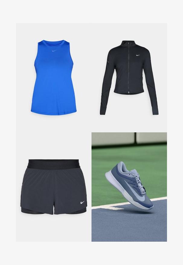 Chaqueta atlética negra de manga larga con cremallera frontal y logo de Nike en blanco en el pecho izquierdo, diseñada para un ajuste slim.; Nike Performance ONE CLASSIC TANK - Top - hyper royal/black; Shorts deportivos negros con cintura elástica, que presentan un diseño en capas y un pequeño logo blanco de Nike en la parte inferior izquierda. Material ligero.; Zapatilla deportiva en azul claro y marino, con un upper texturizado, cordones planos y una suela blanca ligera. Elevada por encima de una superficie de cancha.