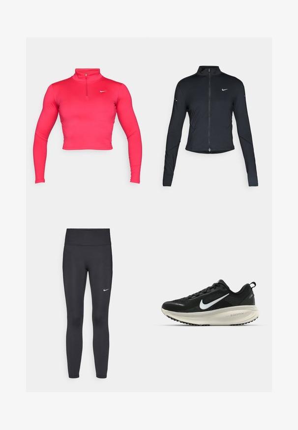 Jaqueta atlética preta de mangas longas com fecho na frente e logótipo do swoosh da Nike branco no peito esquerdo, projetada para um ajuste slim.; T blouse desportiva rosa de manga longa e cropped apresenta um colarinho alto e fecho de correr de um quarto. Feita de um tecido liso e elástico com um pequeno logótipo branco.; Leggings pretos feitos de tecido elástico, com uma cintura alta e um logo branco da Nike na coxa esquerda. Textura suave, design ajustado ao corpo.; Sapatilha de corrida Nike preta com parte superior de malha respirável, logotipo Swoosh branco, detalhes texturizados e uma entressola ZoomX na cor creme.