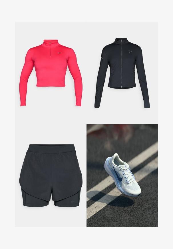 Juoda ilgomis rankovėmis sportinė striukė su priekiniais užtrauktukais ir baltu "Nike" swoosh logotipu kairėje krūtinės pusėje, sukurta siauram pritaikymui.; Rožinė trumpa ilgomis rankovėmis sportinė maikė su aukštu apykakle ir ketvirtine užtrauktuku. Pagaminta iš glotnaus, elastingo audinio su mažuoju baltu logotipu.; Juodi sportiniai šortai su sluoksniuota konstrukcija, turintys sklandų išorinį sluoksnį ir prigludusius vidinius šortus. Pagaminti iš lengvos, tamprios medžiagos.; Balti sportiniai bateliai su kvėpuojančiu tinkleliu ir mėlynomis akcentais. Su minkštu padu ir plokščiomis raištelėmis. Vidpadis su ženklu "Air Zoom".