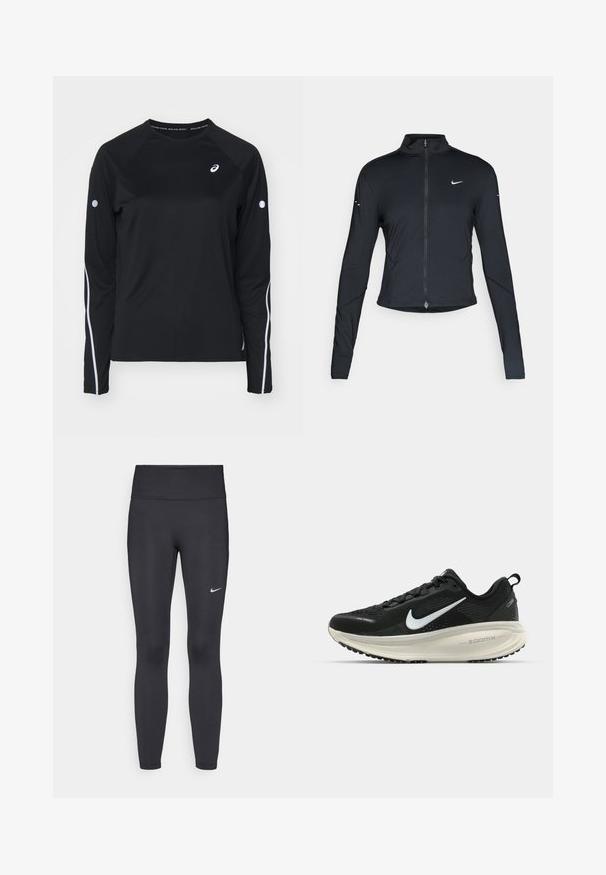Sort langærmet træningsjakke med frontlynlås og hvid Nike swoosh-logo på venstre bryst, designet til en tætsiddende pasform.; Sort langærmet træningsshirt med raglanærmer, hvide reflekterende striber langs siderne og rund hals. Har et lille logo på brystet.; Sorte leggings lavet af strækbart stof, med en høj talje og et hvidt Nike-logo på venstre lår. Glat tekstur, tætsiddende design.; Sort Nike løbesko med åndbart mesh-overdel, hvidt swoosh-logo, tekstureret detaljering og en cremede ZoomX mellemsål.
