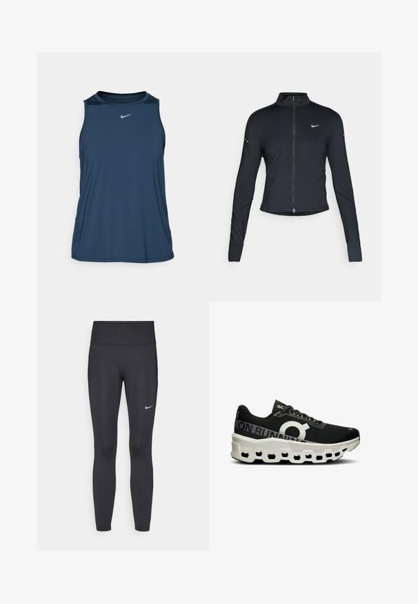 Musta pitkähihainen urheilu takki, jossa on edessä vetoketju ja valkoinen Nike-swoosh-logo vasemmassa rinnassa, suunniteltu slim fit -malliseksi.; Nike Performance ONE CLASSIC TANK - Toppi - armory navy/black; Mustat leggingsit joustavasta kankaasta, joissa on korkea vyötärö ja valkoinen Nike-logo vasemmassa reidessä. Sileä pinta, muotoaan myötäilevä suunnittelu.; Musta juoksukenkä, jossa on teksturoitu verkko-osa, voimakas valkoinen logo sekä ainutlaatuinen valkoisen ja mustan muoviosan pohja, jossa on kuusikulmaisia reikiä.