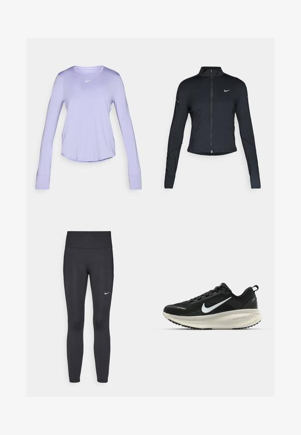 Black long-sleeve athletic jacket with front zipper and white Nike swoosh logo on left chest, designed for a slim fit.; Long-sleeve lavender athletic shirt made of soft, lightweight fabric. Features a round neckline and a small white logo on the chest.; Black leggings made of stretchy fabric, featuring a high waistband and a white Nike logo on the left thigh. Smooth texture, form-fitting design.; Black Nike running shoe with breathable mesh upper, white swoosh logo, textured detailing, and a cream-colored ZoomX midsole.