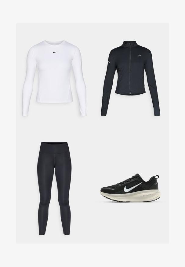 Black long-sleeve athletic jacket with front zipper and white Nike swoosh logo on left chest, designed for a slim fit.; Long-sleeve white athletic shirt made of lightweight, breathable fabric with a fitted design. Features a small black Nike logo on the chest.; Black leggings made of smooth, stretchy fabric. High waist with no visible patterns or accents. Fit closely from waist to ankles.; Black Nike running shoe with breathable mesh upper, white swoosh logo, textured detailing, and a cream-colored ZoomX midsole.