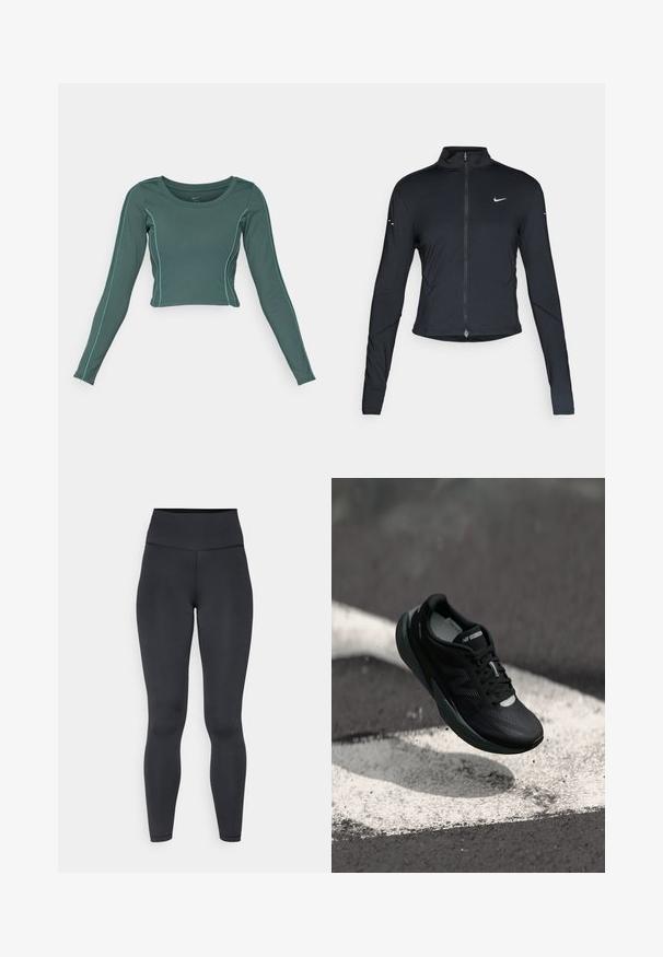 Svart langermet treningsjakke med glidelås foran og hvit Nike swoosh-logo på venstre bryst, designet for en slank passform.; Langermet croppet topp i mørk teal-stoff med kontrasterende lys blå sømmer. Har rund hals og tettsittende design.; Høytlivs sorte leggings laget av elastisk materiale, med en glatt tekstur og tettsittende design, med minimale sømdetaljer.; Svart løpesko med teksturert overdel, slank design og reflekterende detaljer. Har en myk, polstret såle for komfort.