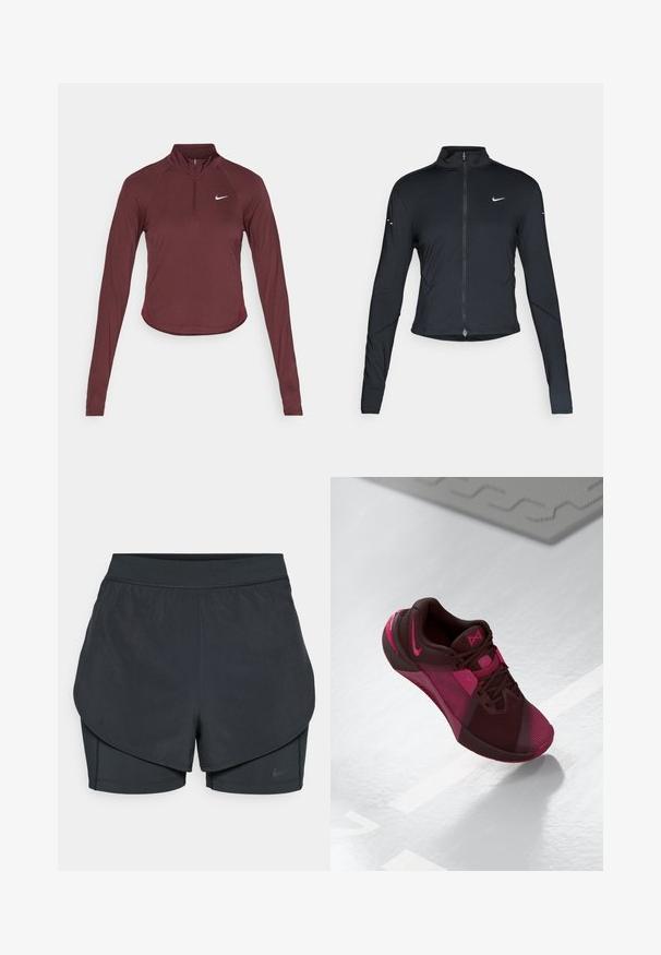 Melnā garo piedurkņu sporta jaka ar priekšējo rāvējslēdzēju un baltu Nike swoosh logo uz kreisā krūts, paredzēta ciešai piegriezei.; Garā piedurkne, bordo sporta krekls ar pusi-zip apkakli, ar Nike logo uz krūšu daļas un pieguļošu dizainu, kas sašaurinās plecu un vidukļa zonā.; Melnas sporta šortus ar slāņotu dizainu, kas ietver gludu ārējo slāni un pieguļošus iekšējos šortus. Izgatavoti no viegla, elastīga auduma.; Tumši bordo sporta apavi ar rozā akcentiem. Funkcijas ietver sietveida augšdaļu, noapaļotu purngalu un teksturētu zoli. Šņorēm un logotipam ir izcila redzamība.