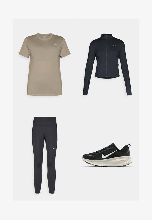 Svart langermet treningsjakke med glidelås foran og hvit Nike swoosh-logo på venstre bryst, designet for en slank passform.; Beige kortermet t-skjorte laget av mykt stoff, med rund hals og en diskret lyseblå logo på øvre venstre bryst.; Sorte leggings laget av elastisk stoff, med høy livlinje og en hvit Nike-logo på venstre lår. Glatt tekstur, kroppsnær passform.; Svart Nike løpesko med pustende mesh-overdel, hvit swoosh-logo, teksturert detaljer og en kremfarget ZoomX mellomsåle.
