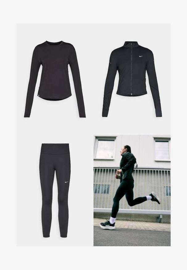 Černá sportovní bunda s dlouhým rukávem, s předním zapínáním na zip a bílým logem Nike swoosh na levé části hrudníku, navržena pro slim fit.; HOKA ESSENTIAL TEE - Top s dlouhým rukávem - black; Černé legíny vyrobené z elastického materiálu, s vysokým pasem a bílým logem Nike na levém stehně. Hladká textura, přiléhavý střih.; Černá sportovní bunda s neonovými akcenty, černé legíny a černé běžecké boty s bílými podrážkami, umístěné na světlém šedém pozadí.