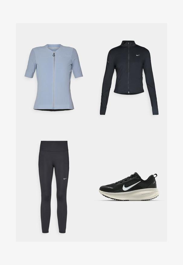 Musta pitkähihainen urheilu takki, jossa on edessä vetoketju ja valkoinen Nike-swoosh-logo vasemmassa rinnassa, suunniteltu slim fit -malliseksi.; Vaaleansininen lyhythihainen vetoketjullinen paita, jossa on tekstuuri, pyöreä kaula-aukko ja pieni rintatasku. Pehmeä kangas, jossa on slim fit -malli.; Mustat leggingsit joustavasta kankaasta, joissa on korkea vyötärö ja valkoinen Nike-logo vasemmassa reidessä. Sileä pinta, muotoaan myötäilevä suunnittelu.; Mustat Nike-juoksukengät, joissa on hengittävä verkko-osa, valkoinen swoosh-logo, teksturoitu yksityiskohtaus ja kermaisen värinen ZoomX-välipohja.