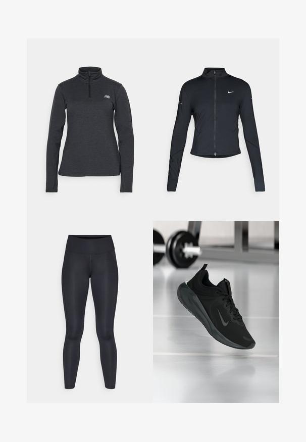 Black long-sleeve athletic jacket with front zipper and white Nike swoosh logo on left chest, designed for a slim fit.; Quarter-zip, long-sleeve top in dark gray. Soft, textured fabric with a small, reflective logo on the left chest. Minimalist design.; Black leggings made of smooth, stretchy fabric. High waist with no visible patterns or accents. Fit closely from waist to ankles.; Black sports sneaker with Nike logo, shown mid-air on gym floor, with blurred dumbbell rack in background.