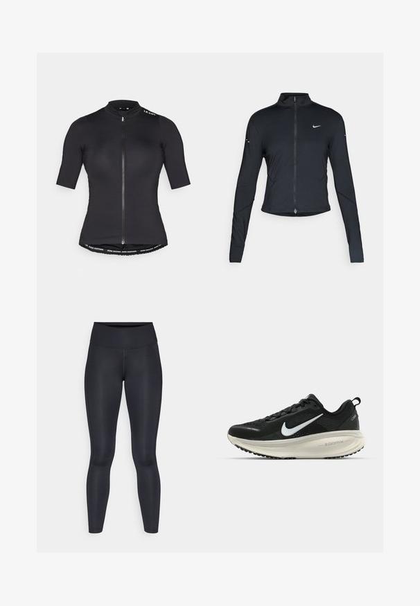 Črna dolgoprogaška jakna s dolgimi rokavi, z zadrgo spredaj in belim logotipom Nike na levem prsnem delu, zasnovana za ohlapno prileganje.; Kratka kolesarska majica s kratkimi rokavi v črni barvi, z zadrgo spredaj, visokim ovratnikom in blagovno znamko po spodnjem robu. Gladek in lahek material.; Črne legice narejene iz gladkega, elastičnega materiala. Visok pas brez vidnih vzorcev ali dodatkov. Tesno se prilegajo od pasu do gležnjev.; Črne Nike tekaške čevlje z zračno mrežno zgornjim delom, belim logotipom Swoosh, teksturiranimi detajli in smetanasto barvnim srednjim delom ZoomX.