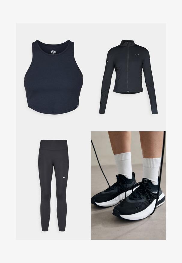 Jachetă sport neagră cu mâneci lungi, fermoar frontal și logo-ul alb al Nike pe pieptul stâng, concepută pentru o croială ajustată.; Top scurt de culoare bleumarin, realizat din material ribbed, având un guler rotund și bretele late, cu o etichetă mică cu logo la tiv.; Leggings negre dintr-un material elastic, având talie înaltă și un logo alb Nike pe coapsa stângă. Textură netedă, design care se conturează pe corp.; Căști atletice negre cu țesătură texturată, talpă albă și șireturi negre. Purtați cu șosete albe cu riflaje, stând pe o suprafață deschisă.