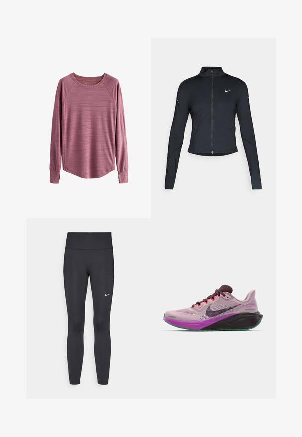 Black long-sleeve athletic jacket with front zipper and white Nike swoosh logo on left chest, designed for a slim fit.; Long-sleeve top in a muted rose color, made of textured fabric with a rounded hem and raglan sleeves. Features lightweight, breathable material.; Black leggings made of stretchy fabric, featuring a high waistband and a white Nike logo on the left thigh. Smooth texture, form-fitting design.; Nike running shoes in pink mesh with purple accents, featuring a black sole and green outsole. Lace-up with a padded collar.
