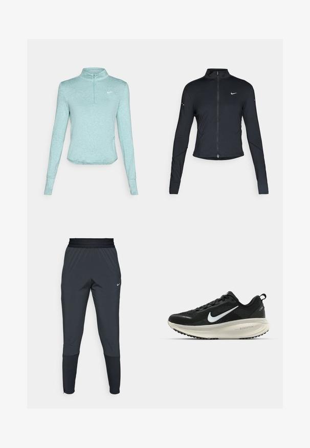 Čierna športová bunda s dlhým rukávom, s predným zipsom a bielym logom Nike swoosh na ľavom prsníku, navrhnutá na tesný strih.; Svetlomodrý športový vrch s dlhým rukávom a polovičným zipsom, vyrobený z textúrovanej látky, so malým bielym logom na hrudi.; Športové nohavice Nike v tmavo sivej farbe, s členeným strihom na nohaviciach, elastickým pásom a akcentovanými detailmi pri manžetách.; Čierne bežecké topánky Nike s priedušnou sieťovinou, bielym logom s symbolom swoosh, textúrovanými detailmi a krémovou ZoomX medzipodrážkou.