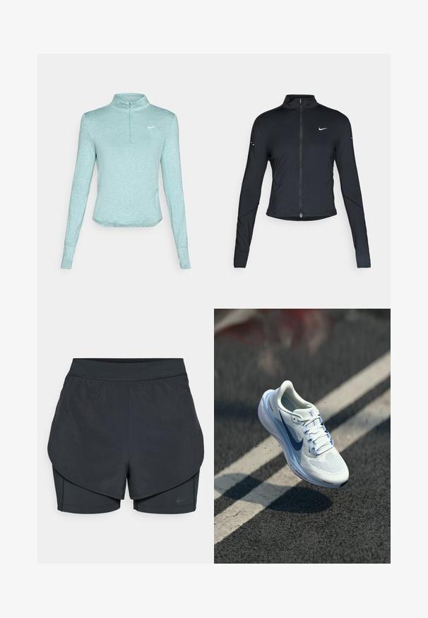 Sort langærmet træningsjakke med frontlynlås og hvid Nike swoosh-logo på venstre bryst, designet til en tætsiddende pasform.; Lyseblå, langærmet træningstop med halvlynlås-krave, der har en tekstureret stof og et lille hvidt logo på brystet.; Sorte atletiske shorts med et lagdelt design, der har et glat yderlag og tætsiddende indershorts. Lavet af letvægts, strækbart stof.; Hvide arbejdsko med åndbart mesh-oberstof og blå detaljer. Har en polstret sål og flade snørebånd. Mellemsolen viser "Air Zoom" branding.