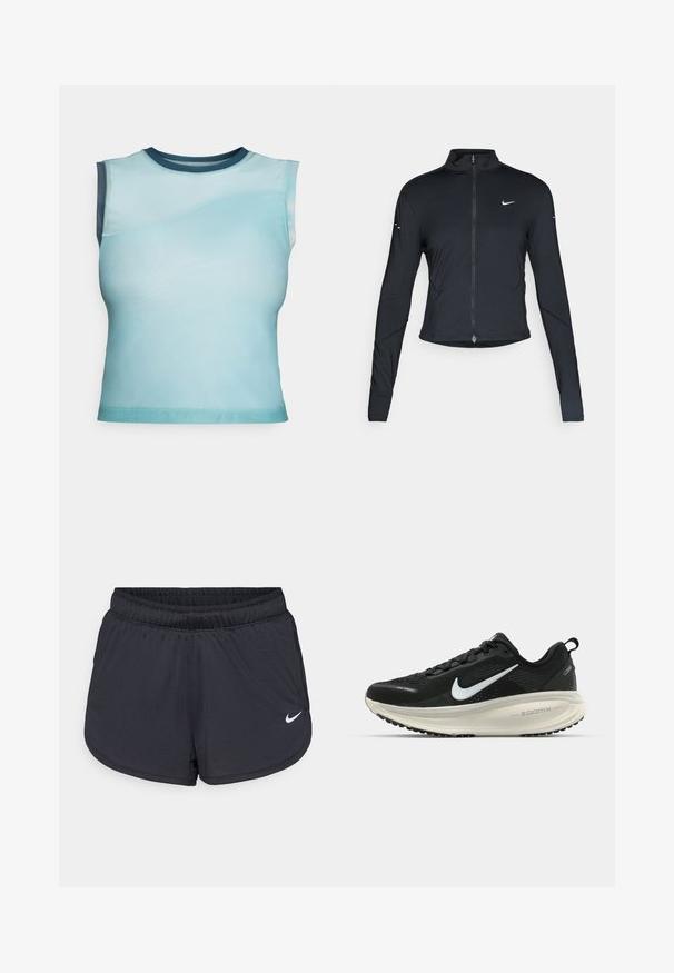 Czarna, długorękawowa, sportowa kurtka z zamkiem błyskawicznym z przodu i białym logo Nike swoosh na lewej piersi, zaprojektowana z myślą o szczupłym kroju.; Bez rękawów top wykonany z gładkiego, lekkiego materiału w gradientowym jasnoniebieskim kolorze, z ciemnoniebieskim okrągłym dekoltem i detalem krzywej szwy.; Czarne sportowe spodenki z elastycznym pasem, z sportowym wzorem i białym logo Nike na dolnej części przedniej strony. Tkanina o fakturze.; Czarna biegowa półbut z oddychającej siateczki, białym logo swoosh, teksturowanymi detalami oraz kremową podeszwą środkową ZoomX.