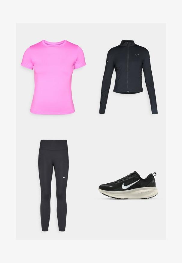 Musta pitkähihainen urheilu takki, jossa on edessä vetoketju ja valkoinen Nike-swoosh-logo vasemmassa rinnassa, suunniteltu slim fit -malliseksi.; Vaaleanpunainen lyhythihainen T-paita, joka on valmistettu sileästä ja joustavasta kankaasta. Ominaisuuksiin kuuluu klassinen pyöreä kaula-aukko ja saumattomat olkapäät.; Mustat leggingsit joustavasta kankaasta, joissa on korkea vyötärö ja valkoinen Nike-logo vasemmassa reidessä. Sileä pinta, muotoaan myötäilevä suunnittelu.; Mustat Nike-juoksukengät, joissa on hengittävä verkko-osa, valkoinen swoosh-logo, teksturoitu yksityiskohtaus ja kermaisen värinen ZoomX-välipohja.