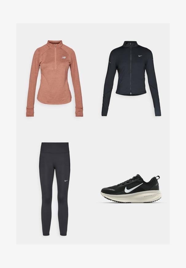 Svart langermet treningsjakke med glidelås foran og hvit Nike swoosh-logo på venstre bryst, designet for en slank passform.; New Balance ATHLETICS GRID 1/2 ZIP - Topper langermet - sparrow heather; Sorte leggings laget av elastisk stoff, med høy livlinje og en hvit Nike-logo på venstre lår. Glatt tekstur, kroppsnær passform.; Svart Nike løpesko med pustende mesh-overdel, hvit swoosh-logo, teksturert detaljer og en kremfarget ZoomX mellomsåle.