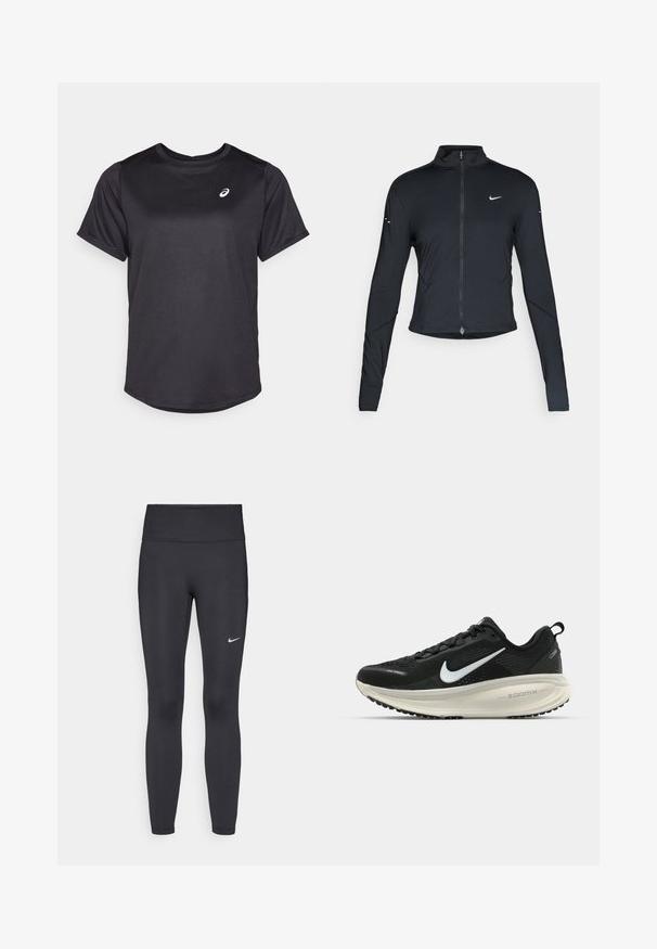 Sort langærmet træningsjakke med frontlynlås og hvid Nike swoosh-logo på venstre bryst, designet til en tætsiddende pasform.; Sort atletisk T-shirt lavet af glat, fugttransporterende stof. Har rund halsudskæring og korte ærmer. Logo i hvid på venstre bryst.; Sorte leggings lavet af strækbart stof, med en høj talje og et hvidt Nike-logo på venstre lår. Glat tekstur, tætsiddende design.; Sort Nike løbesko med åndbart mesh-overdel, hvidt swoosh-logo, tekstureret detaljering og en cremede ZoomX mellemsål.