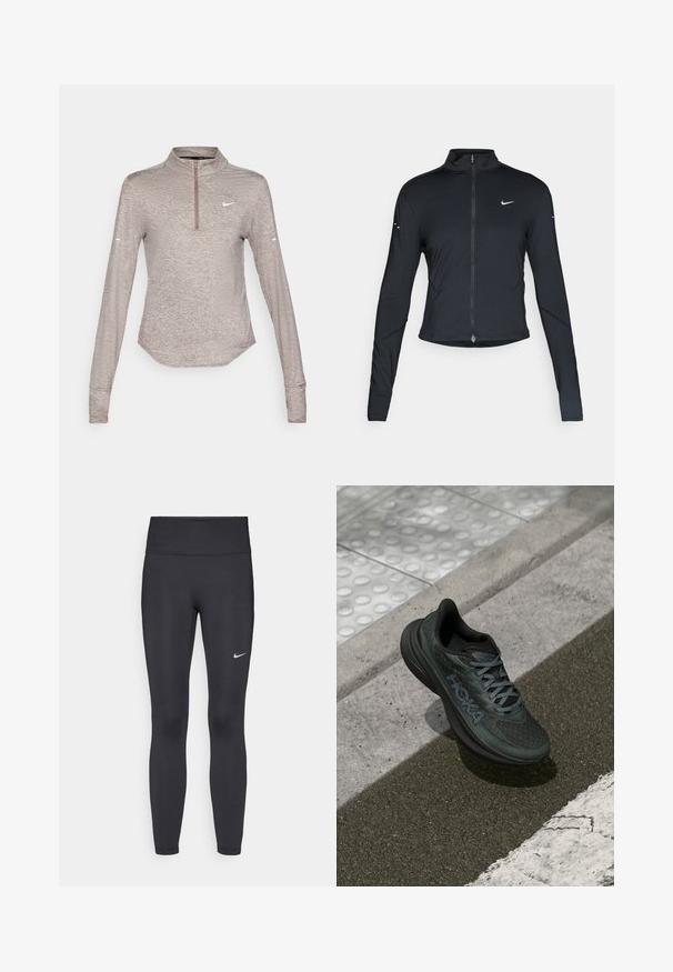 Zwarte lange mouwen sportjack met rits aan de voorkant en wit Nike swoosh-logo op de linkerborst, ontworpen voor een slank figuur.; Lichtbruine lange mouwen sporttop met een kwart ritssluiting, textuurstof en een klein wit Nike-logo op de borst.; Zwarte legging van rekbare stof met een hoge tailleband en een wit Nike-logo op de linkerdij. Gladde textuur, aansluitend ontwerp.; Zwarte hardloopschoen met mesh bovenwerk, getextureerde accenten en logo, met een gevoerde zool en grijze veters, geplaatst op het trottoir.