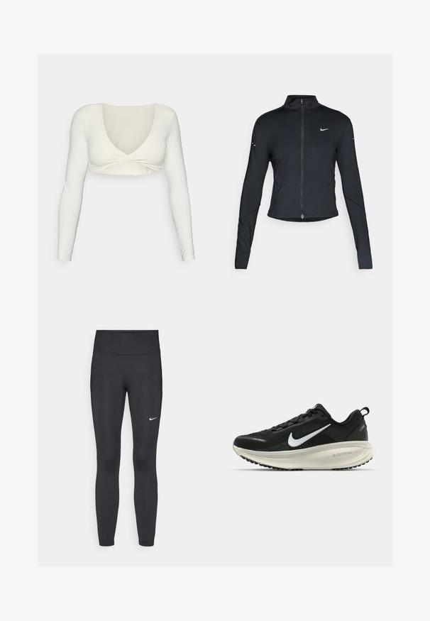 Sort langærmet træningsjakke med frontlynlås og hvid Nike swoosh-logo på venstre bryst, designet til en tætsiddende pasform.; Hvid langærmet crop top med dyb V-udskæring og twistet frontdesign, lavet af et glat, strækbart stof.; Sorte leggings lavet af strækbart stof, med en høj talje og et hvidt Nike-logo på venstre lår. Glat tekstur, tætsiddende design.; Sort Nike løbesko med åndbart mesh-overdel, hvidt swoosh-logo, tekstureret detaljering og en cremede ZoomX mellemsål.