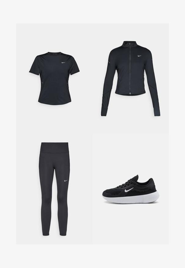 Black long-sleeve athletic jacket with front zipper and white Nike swoosh logo on left chest, designed for a slim fit.; Black short-sleeve athletic shirt made of lightweight, moisture-wicking fabric. Features a crew neck and small white Nike logo on the chest.; Black leggings made of stretchy fabric, featuring a high waistband and a white Nike logo on the left thigh. Smooth texture, form-fitting design.; Black athletic shoe with a mesh upper, textured design, round toe, white rubber sole, and a Nike logo on the side.