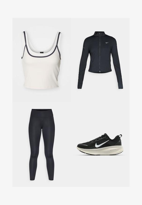 Schwarze, langärmelige Sportjacke mit Frontreißverschluss und weißem Nike-Swoosh-Logo auf der linken Brust, entworfen für eine schlanke Passform.; P.E Nation FORWARD TANK - Top - whisper white; Schwarze Leggings aus glattem, dehnbarem Stoff. Hoher Bund ohne sichtbare Muster oder Akzente. Enganliegend von der Taille bis zu den Knöcheln.; Schwarzer Nike-Laufschuh mit atmungsaktivem Mesh-Obermaterial, weißem Swoosh-Logo, strukturierten Details und einer cremefarbenen ZoomX-Zwischensohle.