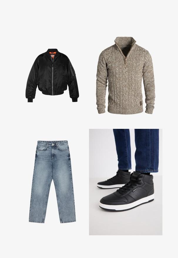 Black bomber jacket made of shiny nylon fabric with ribbed cuffs, a zip front, and an orange lining. Features a zip pocket on the sleeve.; Brown cable-knit sweater with a zip neck, ribbed cuffs and hem, featuring textured yarn and a small leather logo patch on the bottom.; Light blue denim jeans with a straight leg cut, visible stitching, five pocket design, and a button closure at the waist.; Black high-top sneakers made of textured leather, featuring black laces, a white rubber sole, and a small logo on the side.